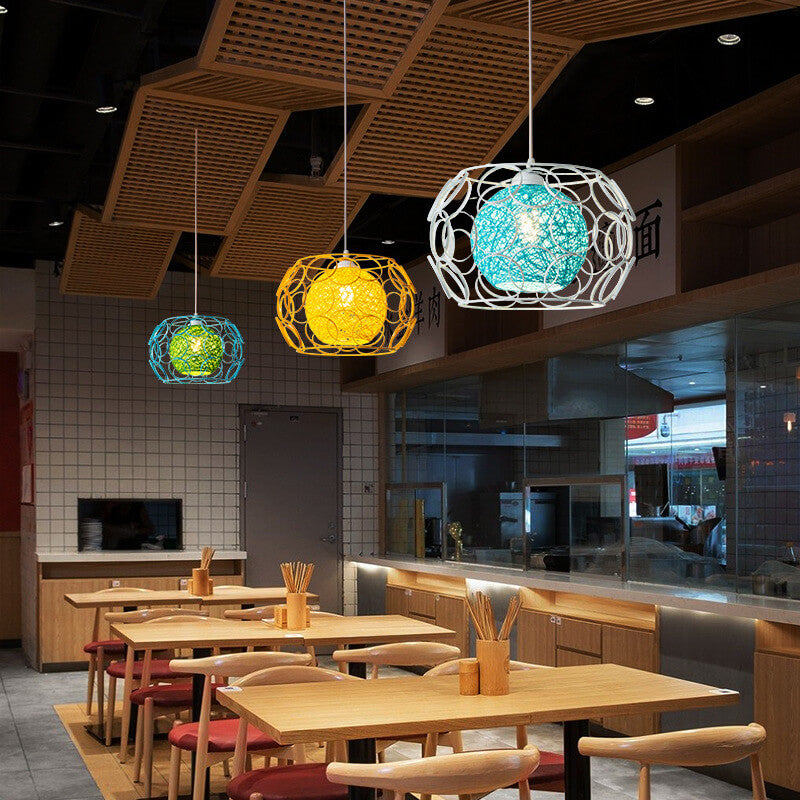 Modern Minimalist Weaving Hemp Ball Iron Drum 1-Light Pendant Light for Living Room