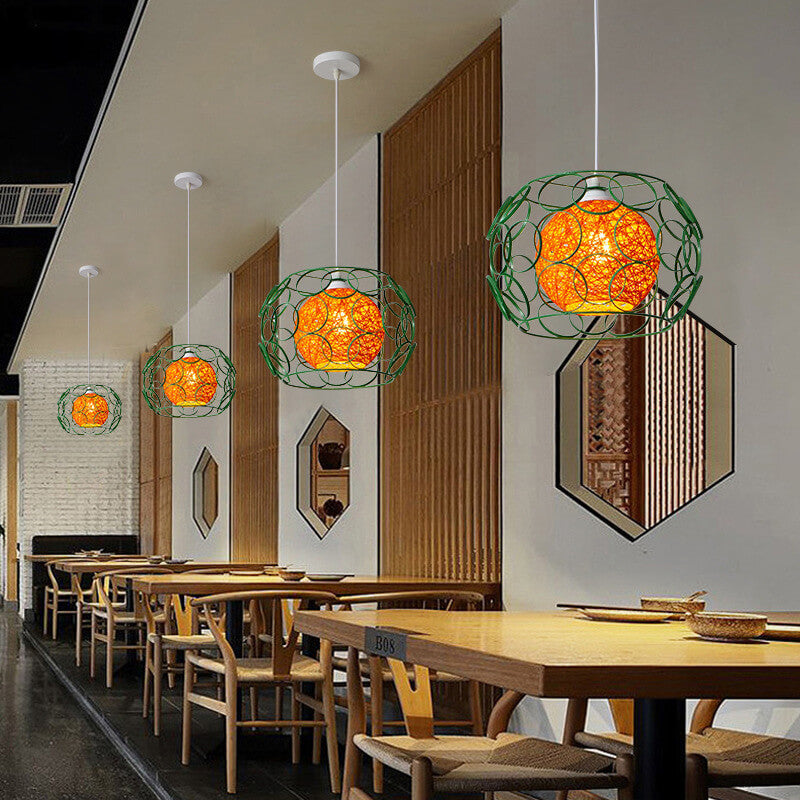 Modern Minimalist Weaving Hemp Ball Iron Drum 1-Light Pendant Light for Living Room