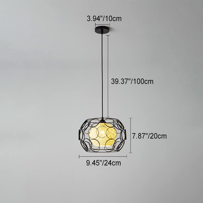 Modern Minimalist Weaving Hemp Ball Iron Drum 1-Light Pendant Light for Living Room