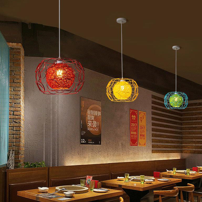 Modern Minimalist Weaving Hemp Ball Iron Drum 1-Light Pendant Light for Living Room