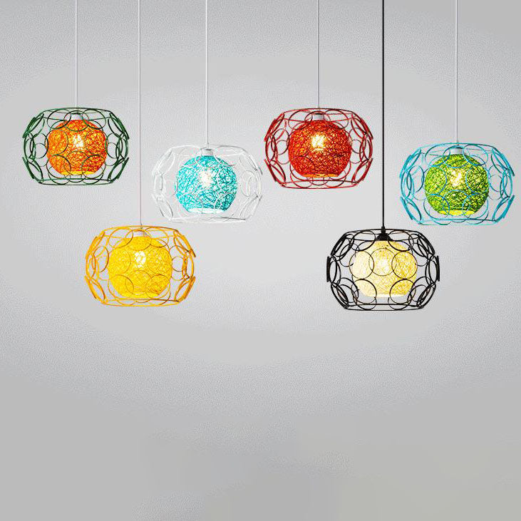 Modern Minimalist Weaving Hemp Ball Iron Drum 1-Light Pendant Light for Living Room