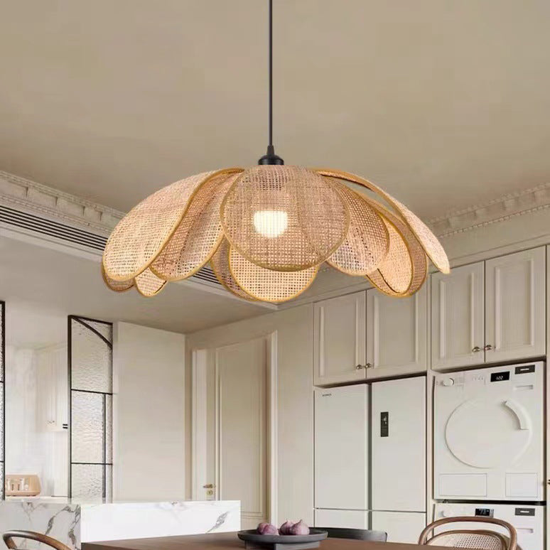 Traditional Japanese Rattan Petal 1-Light Pendant Light With Adjustable Cord For Dining Room, Bedroom & Living Room