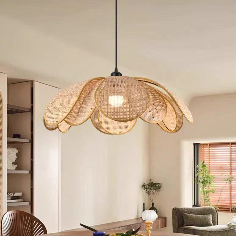 Traditional Japanese Rattan Petal 1-Light Pendant Light With Adjustable Cord For Dining Room, Bedroom & Living Room