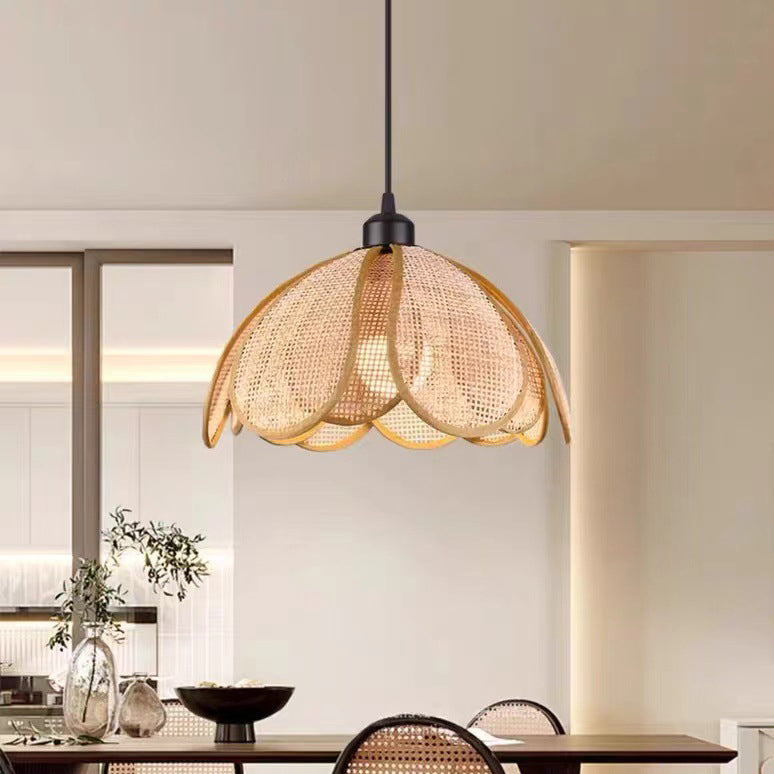Traditional Japanese Rattan Petal 1-Light Pendant Light With Adjustable Cord For Dining Room, Bedroom & Living Room