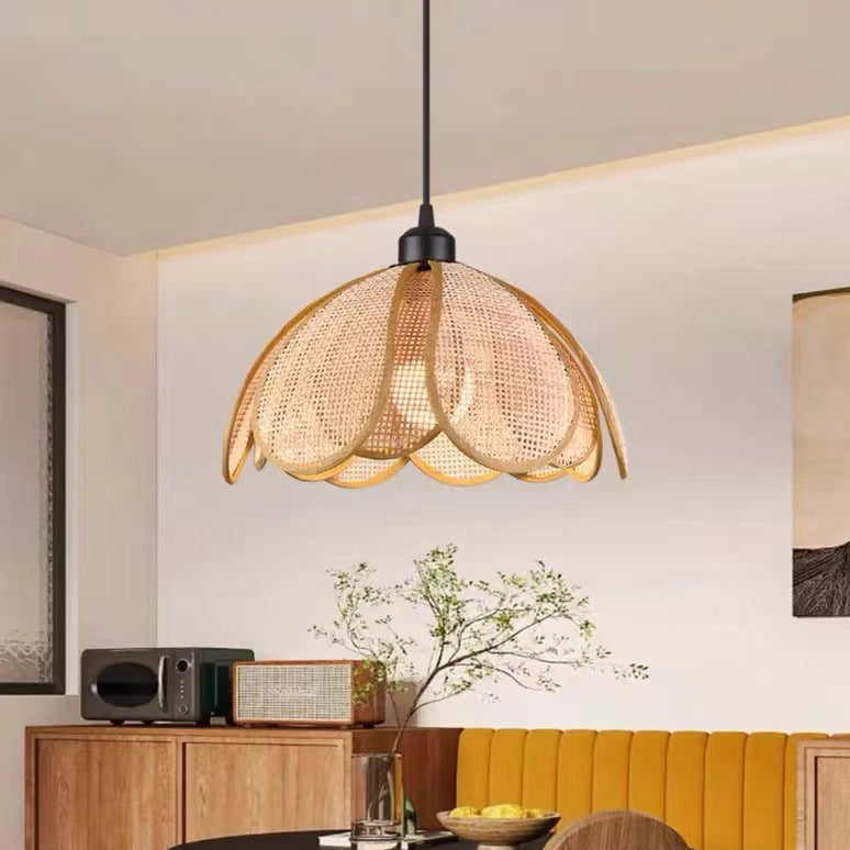 Traditional Japanese Rattan Petal 1-Light Pendant Light With Adjustable Cord For Dining Room, Bedroom & Living Room