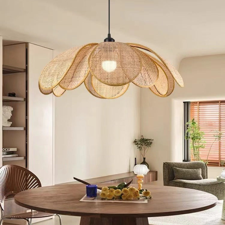 Traditional Japanese Rattan Petal 1-Light Pendant Light With Adjustable Cord For Dining Room, Bedroom & Living Room