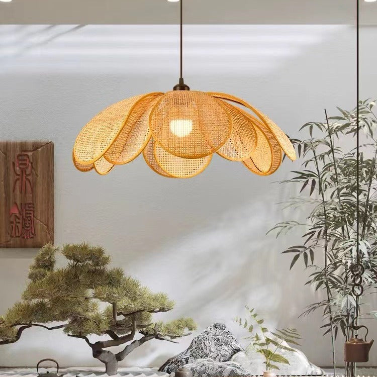 Traditional Japanese Rattan Petal 1-Light Pendant Light With Adjustable Cord For Dining Room, Bedroom & Living Room