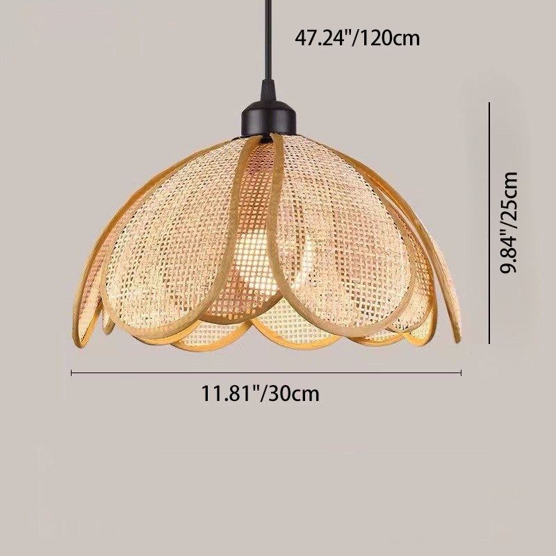 Traditional Japanese Rattan Petal 1-Light Pendant Light With Adjustable Cord For Dining Room, Bedroom & Living Room