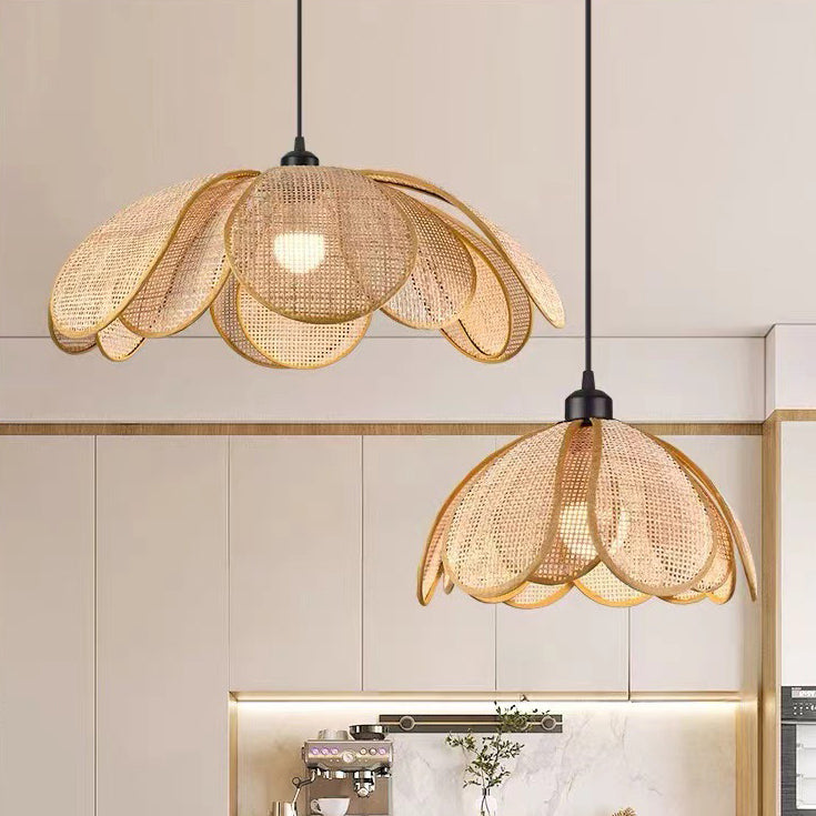 Traditional Japanese Rattan Petal 1-Light Pendant Light With Adjustable Cord For Dining Room, Bedroom & Living Room