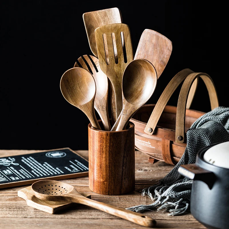 Wooden Cooking Utensil Set with Holder