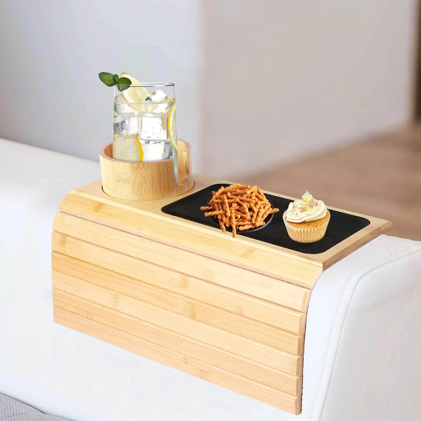 Foldable Bamboo Sofa Arm Tray with Cup Holder