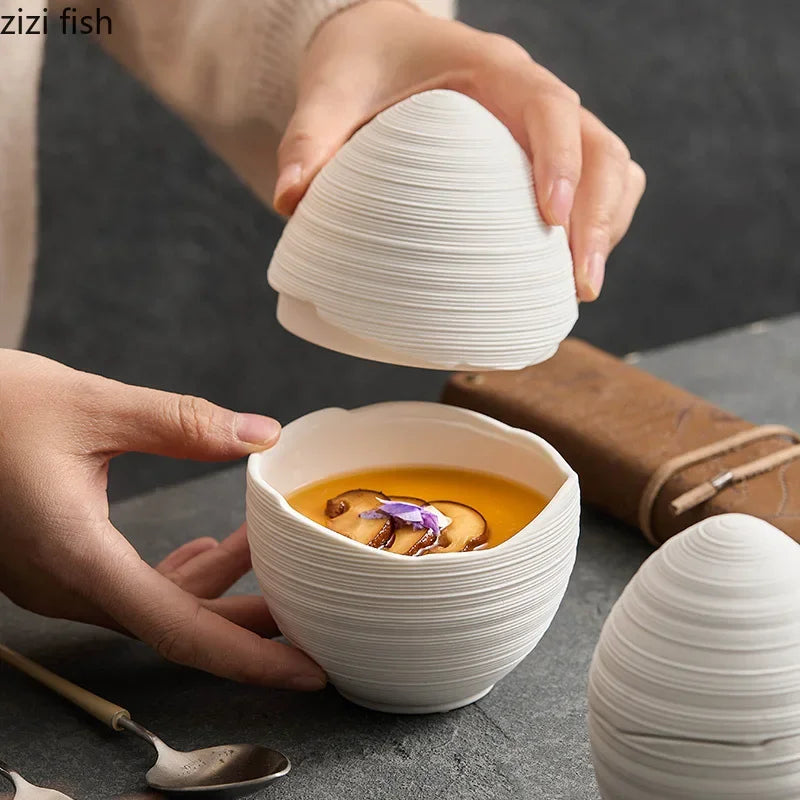 Egg-Shaped White Ceramic Bowl