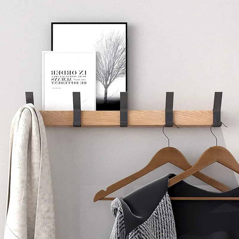 Wood and Aluminium Wall Rack with Movable Hooks