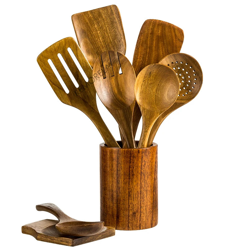Wooden Cooking Utensil Set with Holder