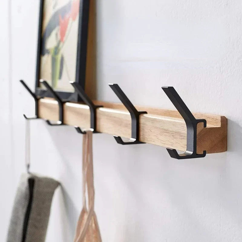 Wood and Aluminium Wall Rack with Movable Hooks