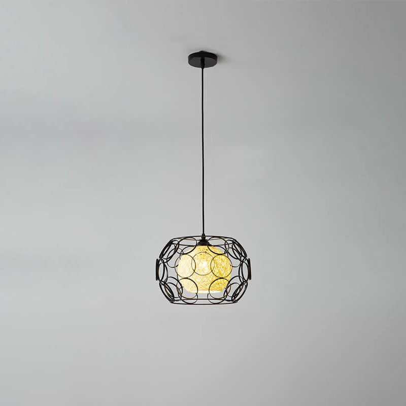 Modern Minimalist Weaving Hemp Ball Iron Drum 1-Light Pendant Light for Living Room