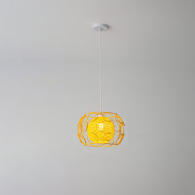 Modern Minimalist Weaving Hemp Ball Iron Drum 1-Light Pendant Light for Living Room