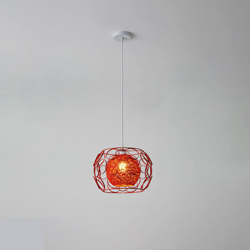Modern Minimalist Weaving Hemp Ball Iron Drum 1-Light Pendant Light for Living Room