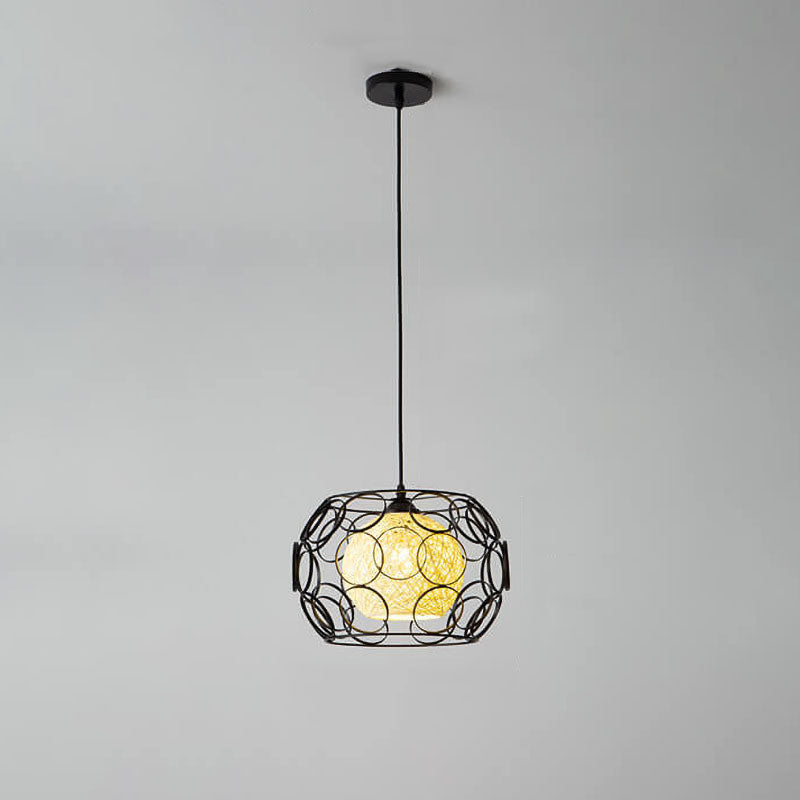 Modern Minimalist Weaving Hemp Ball Iron Drum 1-Light Pendant Light for Living Room