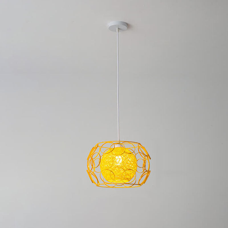Modern Minimalist Weaving Hemp Ball Iron Drum 1-Light Pendant Light for Living Room