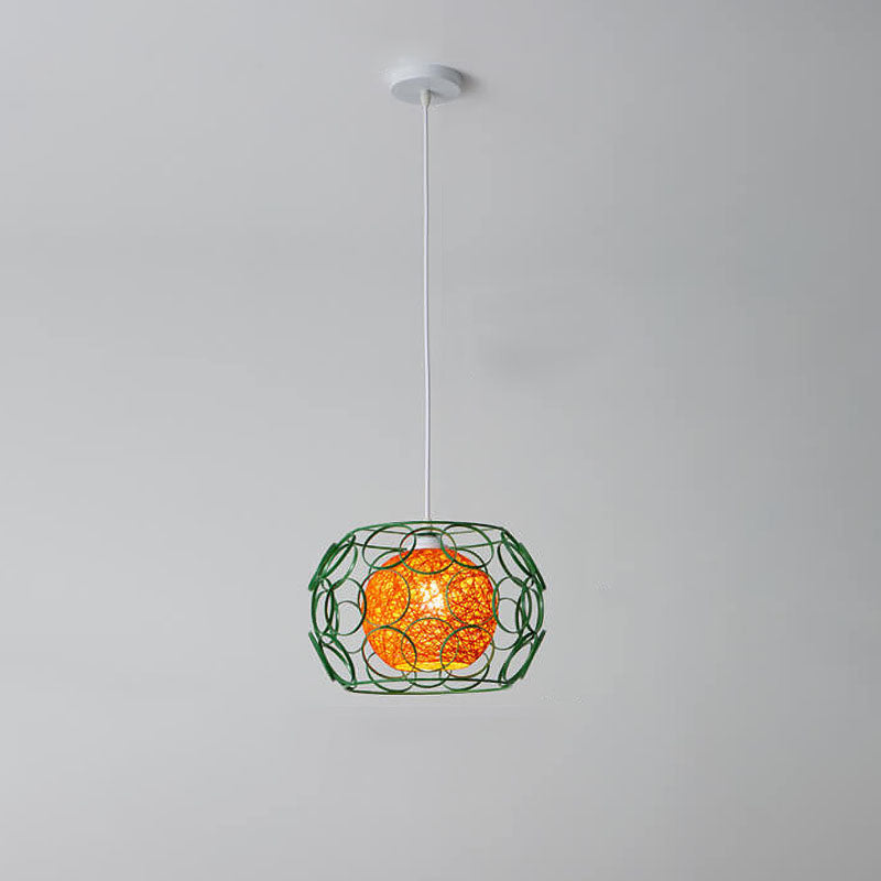 Modern Minimalist Weaving Hemp Ball Iron Drum 1-Light Pendant Light for Living Room