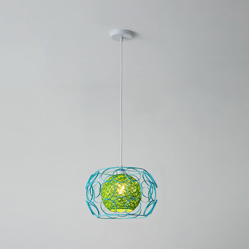 Modern Minimalist Weaving Hemp Ball Iron Drum 1-Light Pendant Light for Living Room