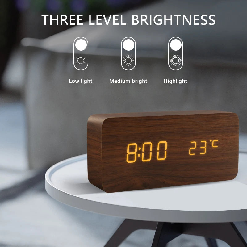 Wood-Effect Voice-Activated LED Desk Clock