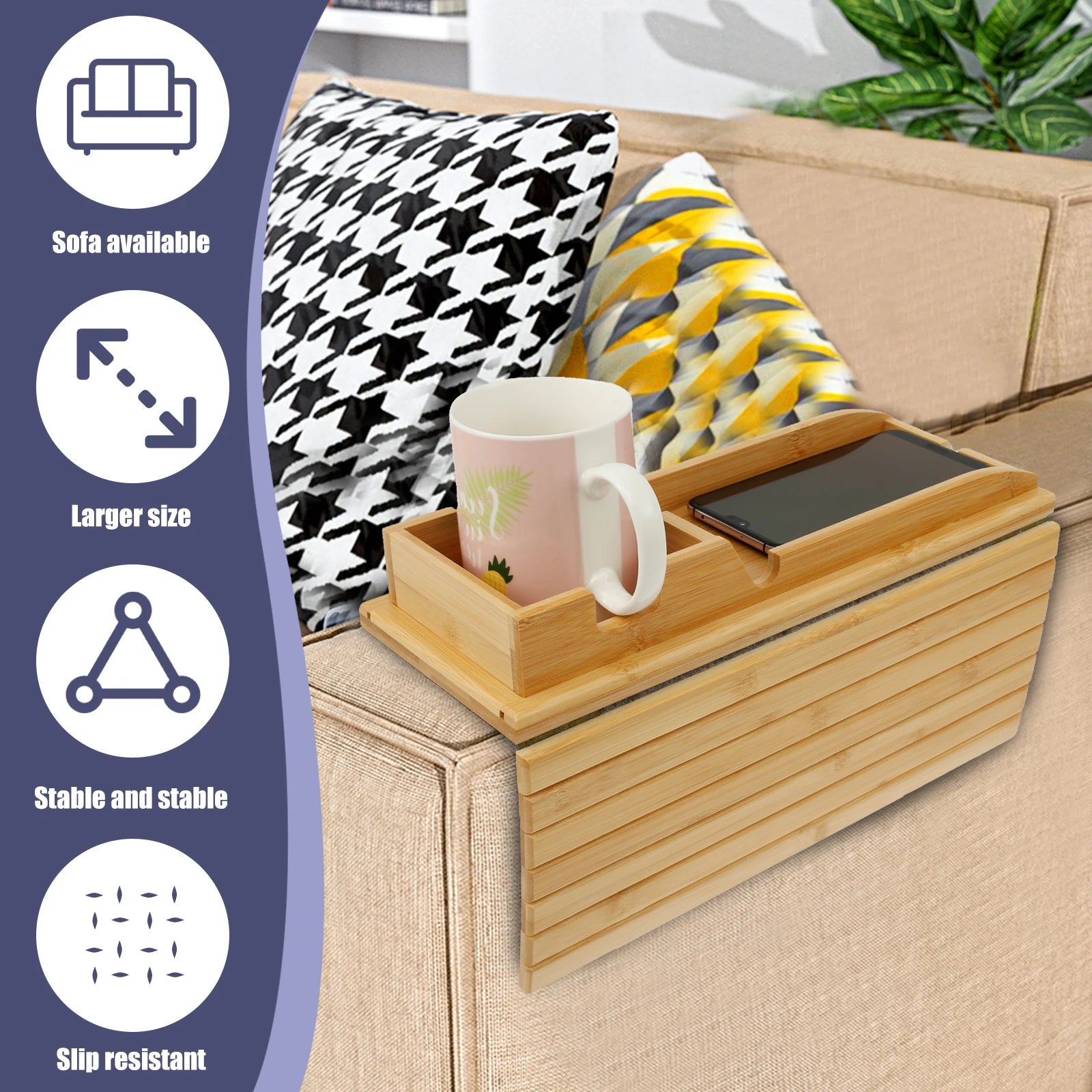 Foldable Bamboo Sofa Arm Tray with Cup Holder