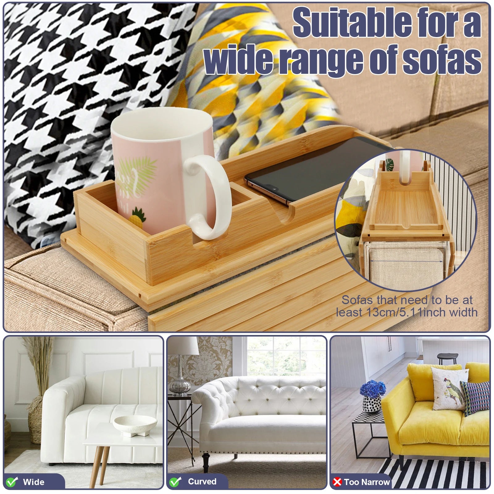 Foldable Bamboo Sofa Arm Tray with Cup Holder