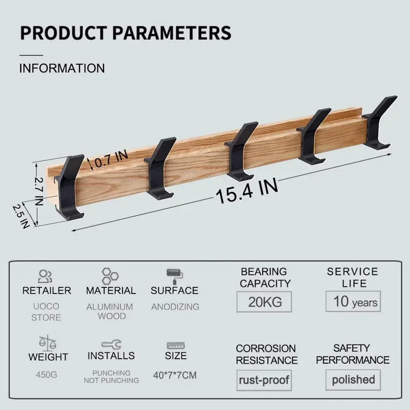 Wood and Aluminium Wall Rack with Movable Hooks