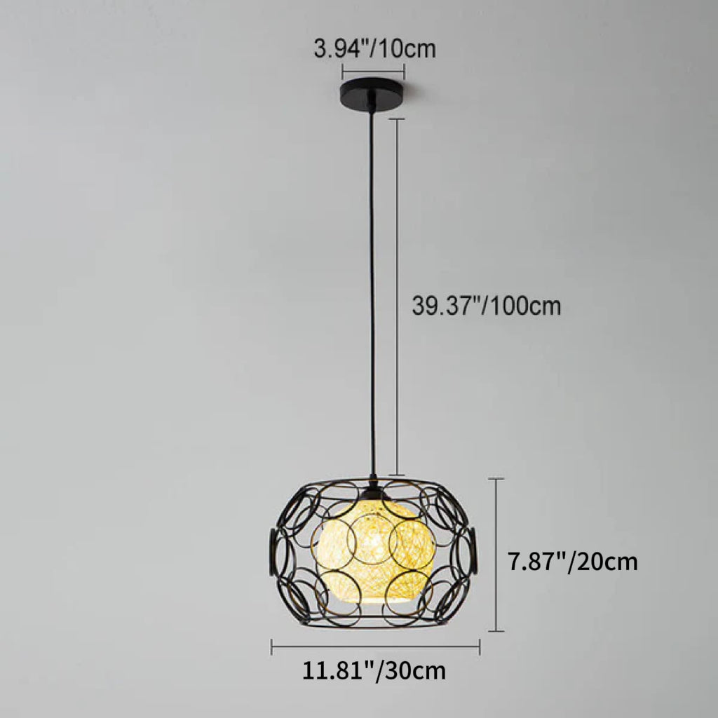 Modern Minimalist Weaving Hemp Ball Iron Drum 1-Light Pendant Light for Living Room