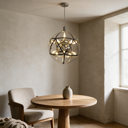 Black iron globe pendant chandelier with warm LED lights hanging above a round dining table