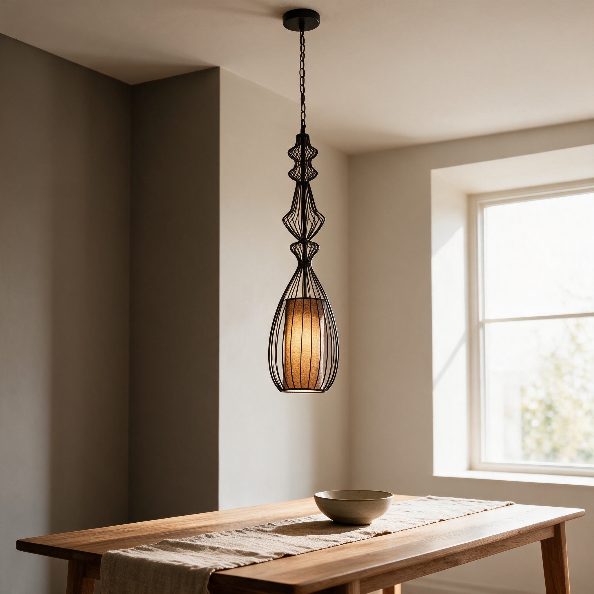 Black industrial wire cage pendant light hanging over a wooden dining table
