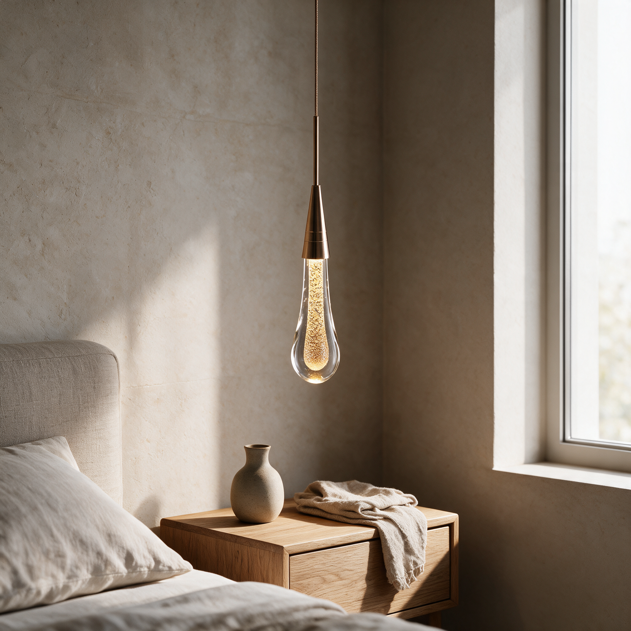 Brass teardrop glass pendant light hanging above a bedroom nightstand