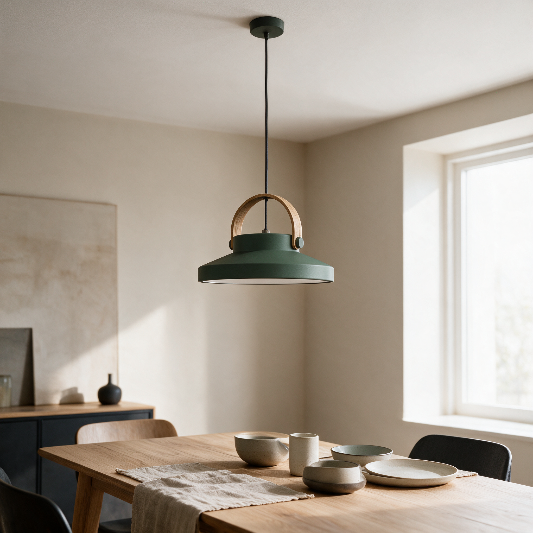 Dark green dome pendant light with wood handle accent hanging above a dining table