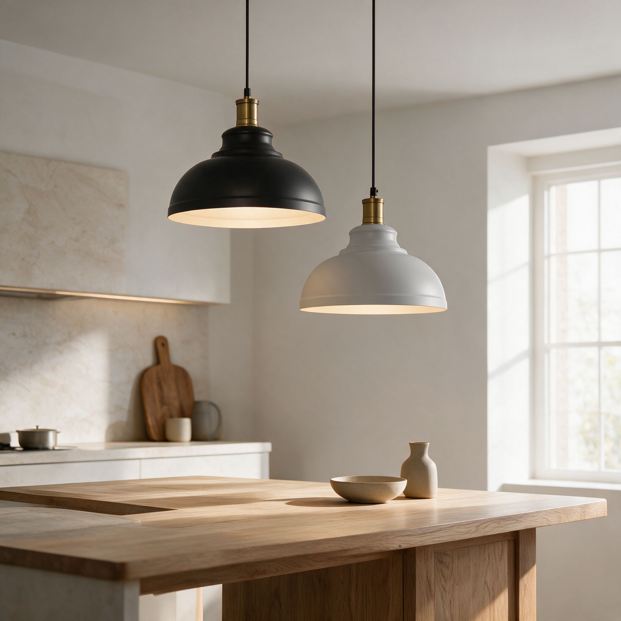 Black and white dome industrial pendant lights with brass fittings hanging above a kitchen island