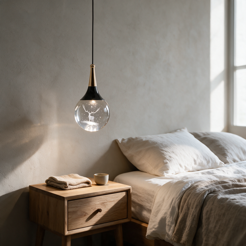 Black and gold crystal globe pendant light with engraved deer motif hanging above a wooden bedside table