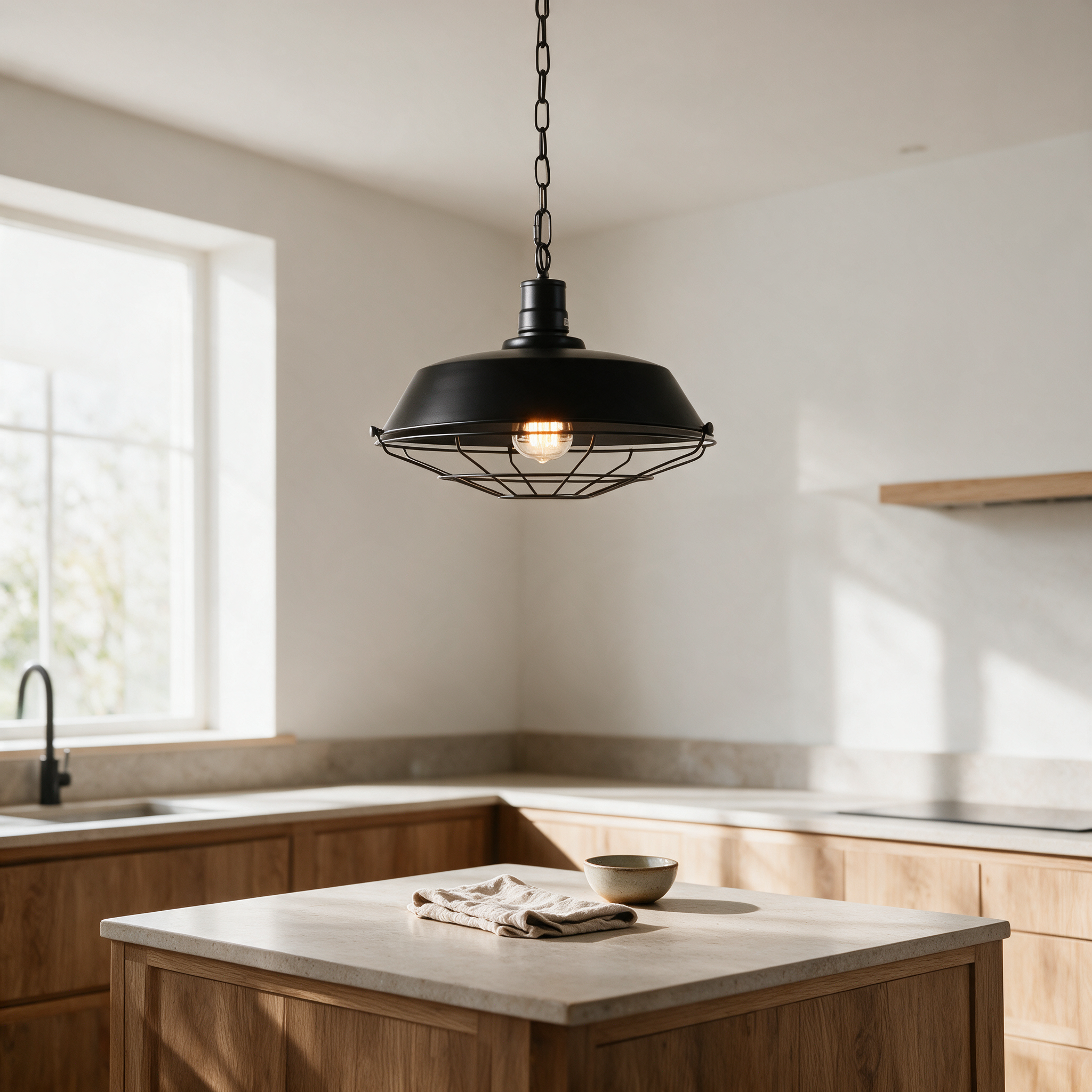 Black industrial wide-cage pendant light hanging above a wooden kitchen island