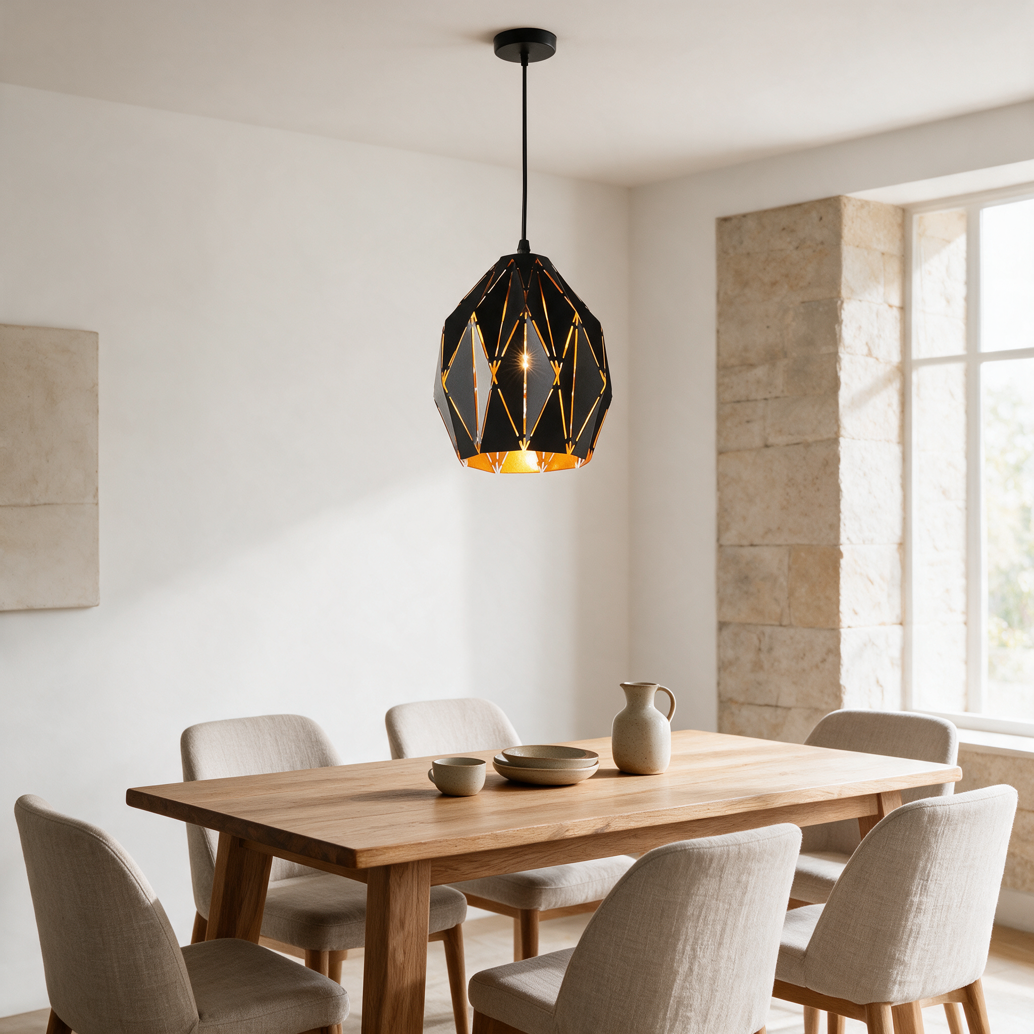 Black geometric wrought iron diamond pendant light hanging above a wooden dining table