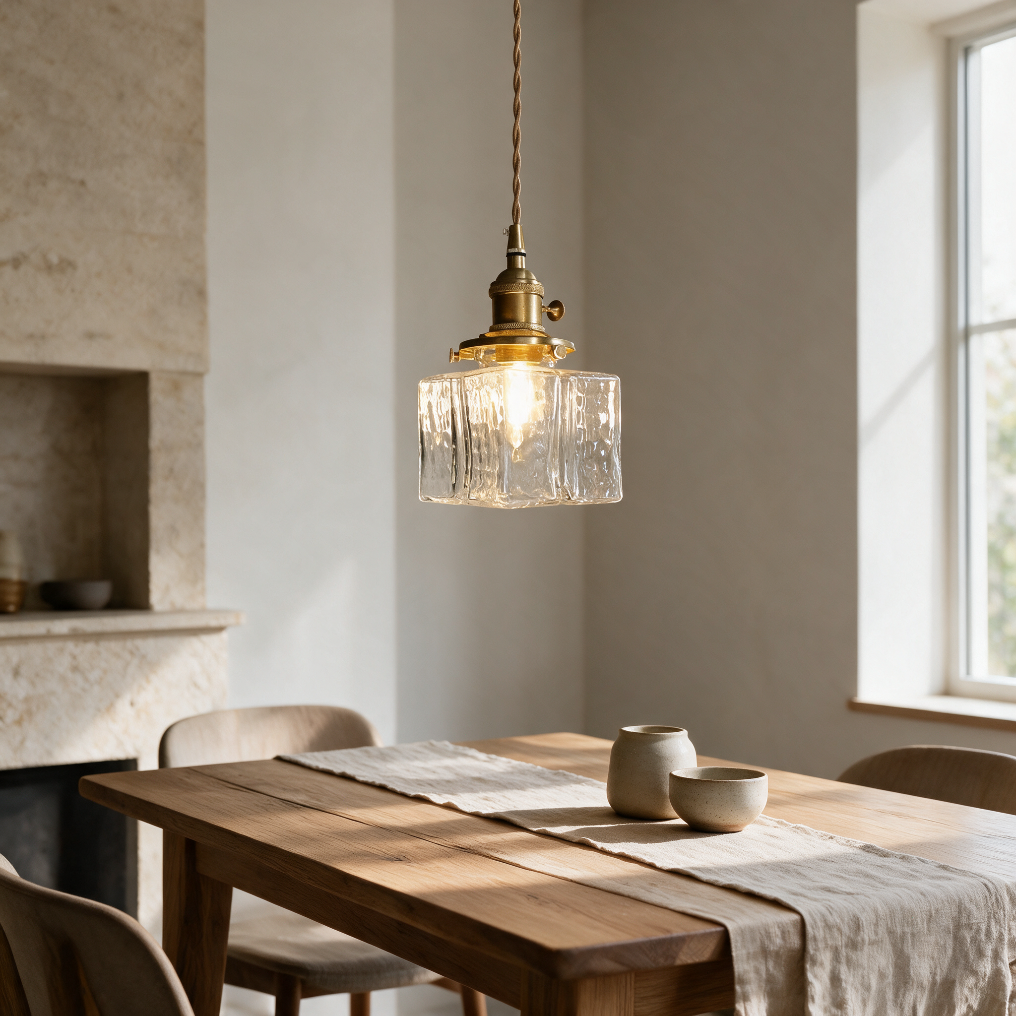 Brass and textured glass pendant light hanging above a dining table
