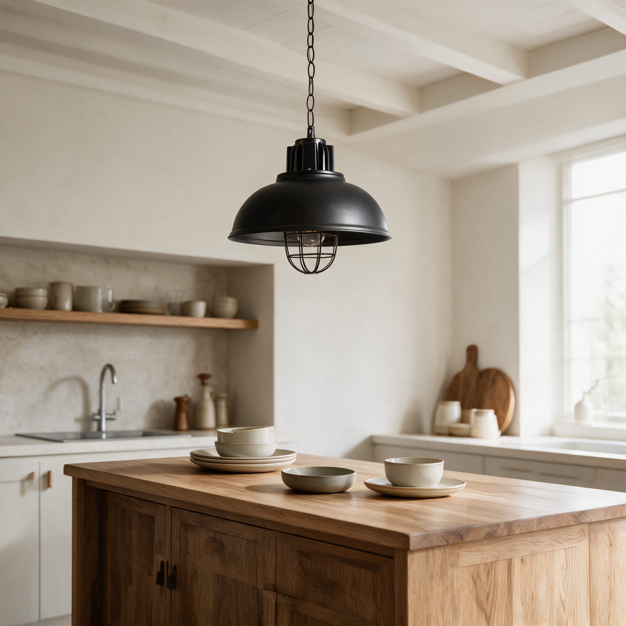 Black industrial dome pendant light hanging above a wooden kitchen island