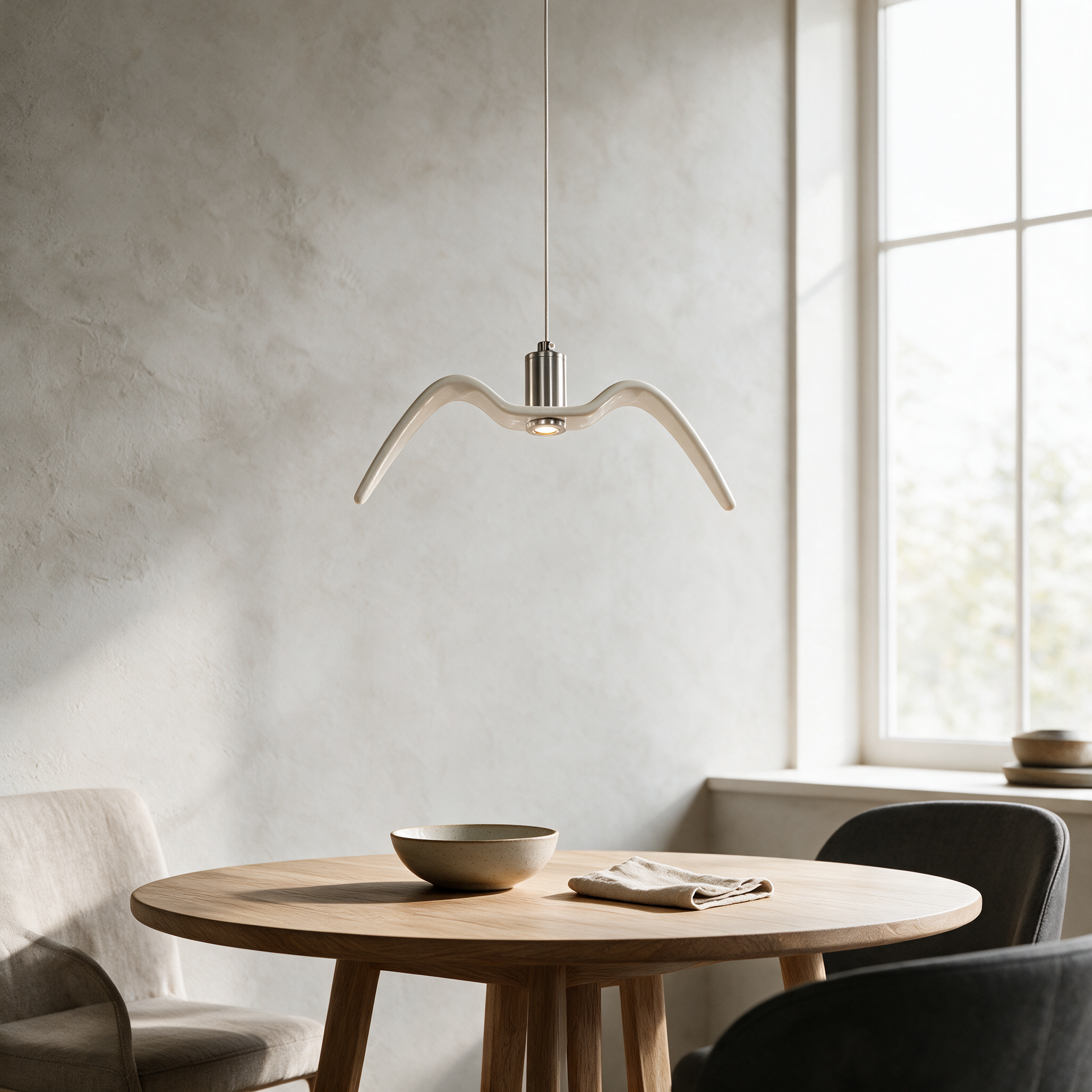 White sculptural gull-wing pendant light hanging above a wooden dining table