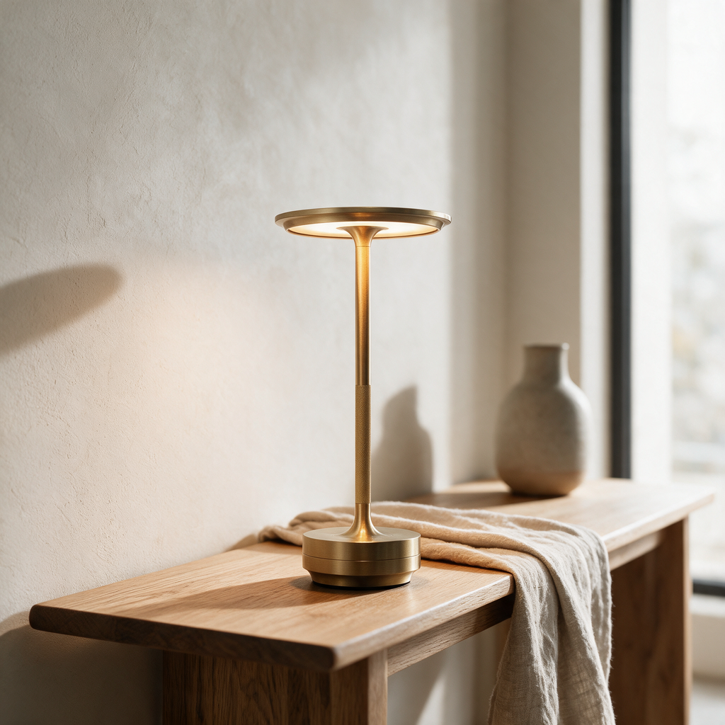 Brushed brass cordless table lamp on an oak console table by a window