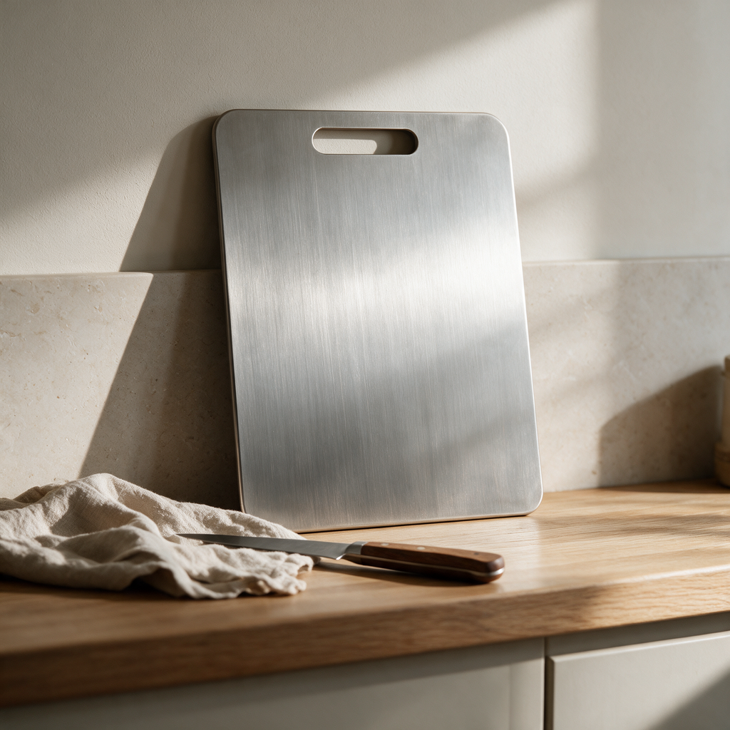 Brushed stainless steel chopping board on a kitchen worktop