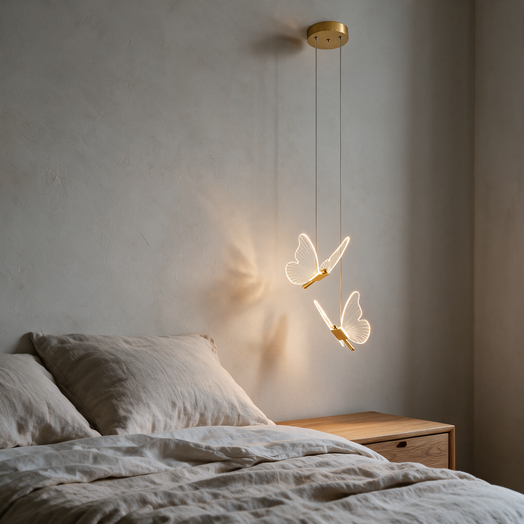 Gold butterfly pendant light with two shades beside a bed