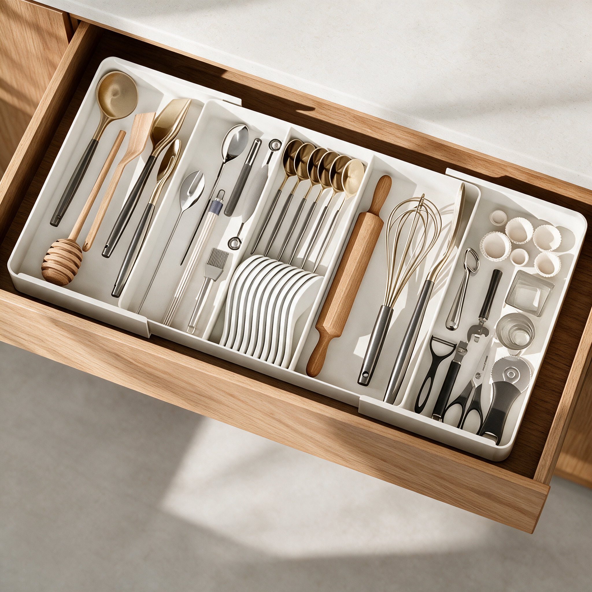 White expandable cutlery drawer organiser in an oak drawer