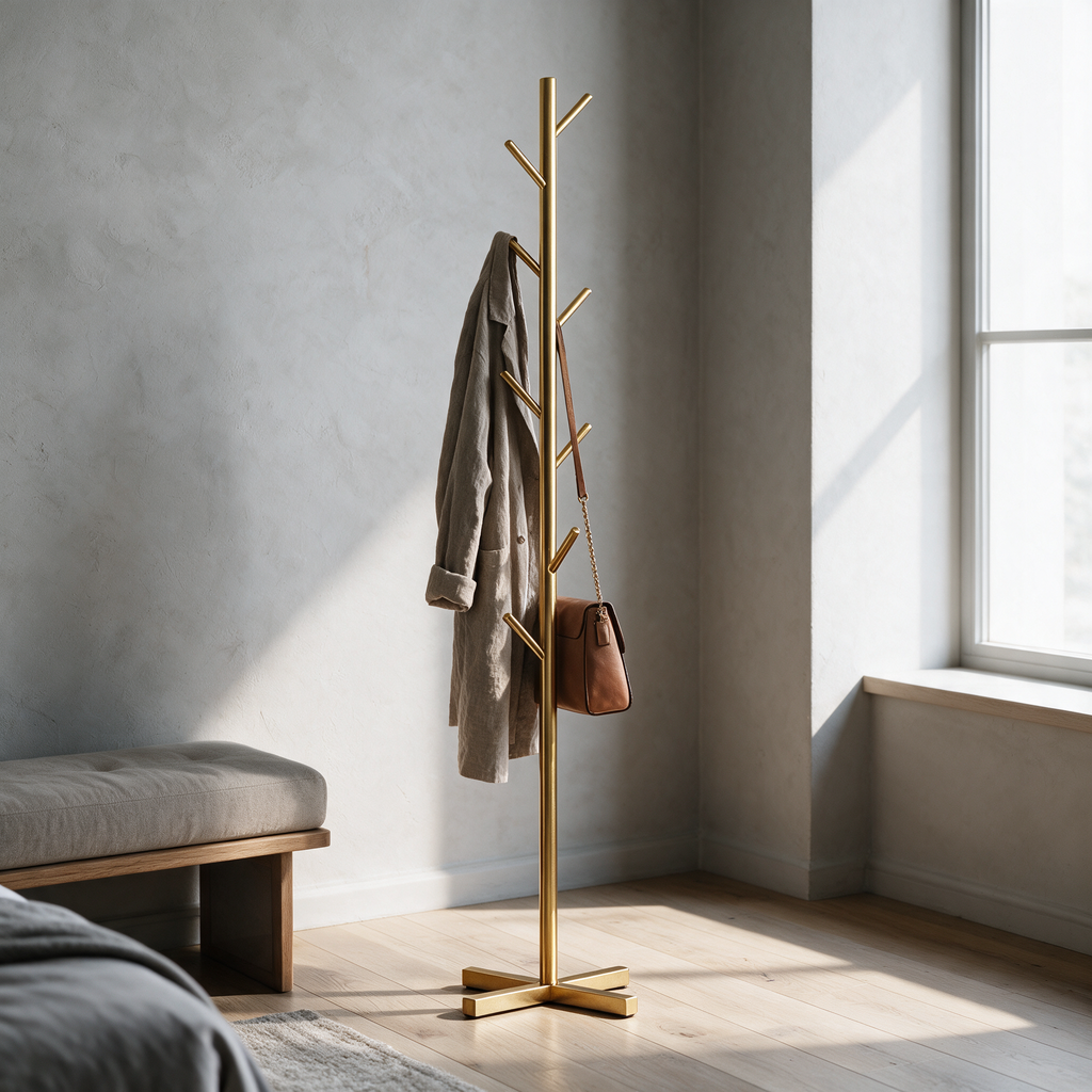 Gold branching floor standing coat stand in a bedroom corner