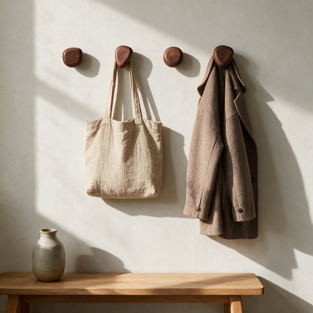 Four walnut knob wall hooks in a row in an entryway