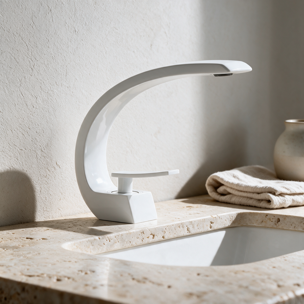 White waterfall basin mixer tap on a stone basin