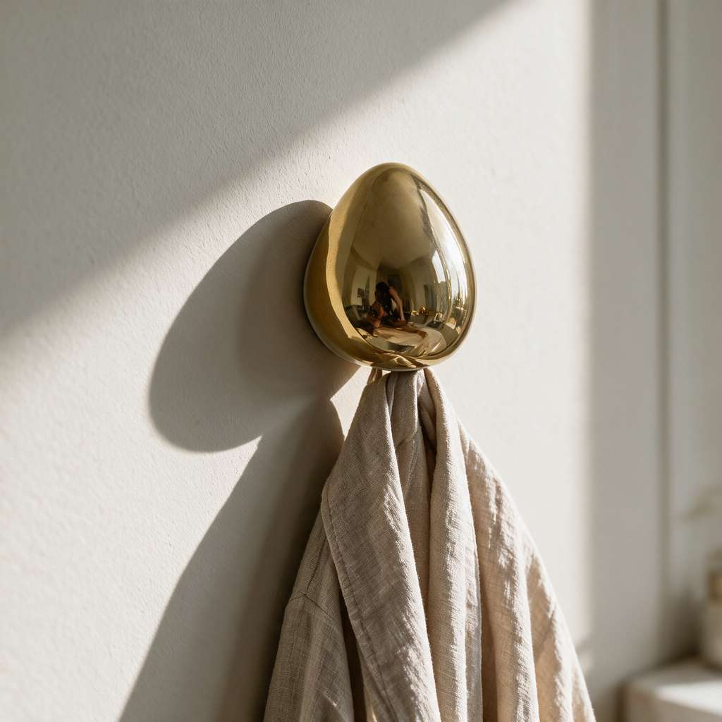 Gold ceramic teardrop wall hook holding a linen robe